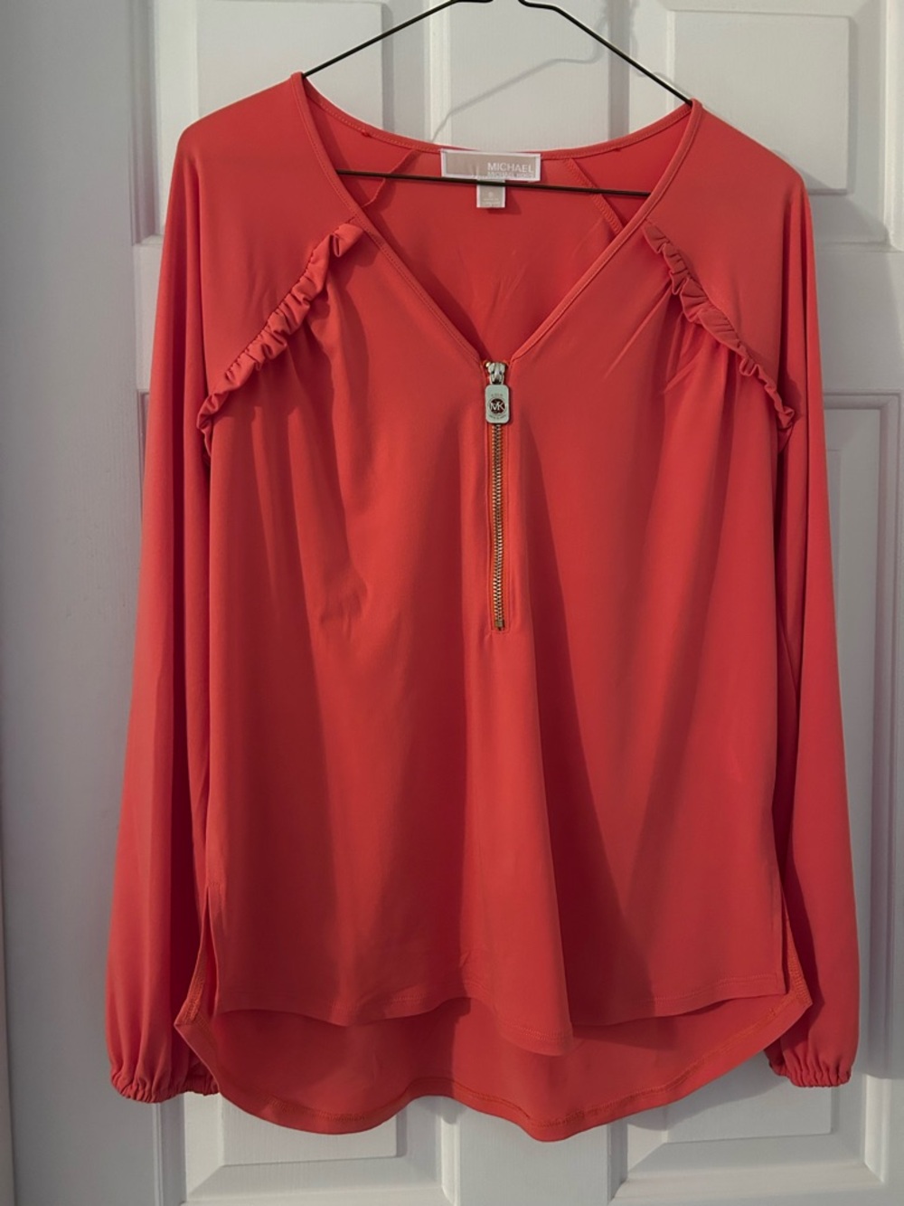 Michael Kors Coral Zip-Front Long Sleeve Ruffle Blouse